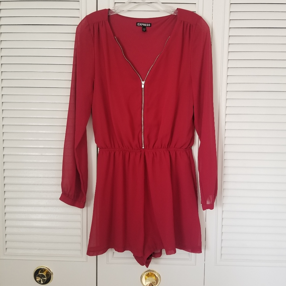 Express Sheer Sleeves Frontal Zipper Red Romper